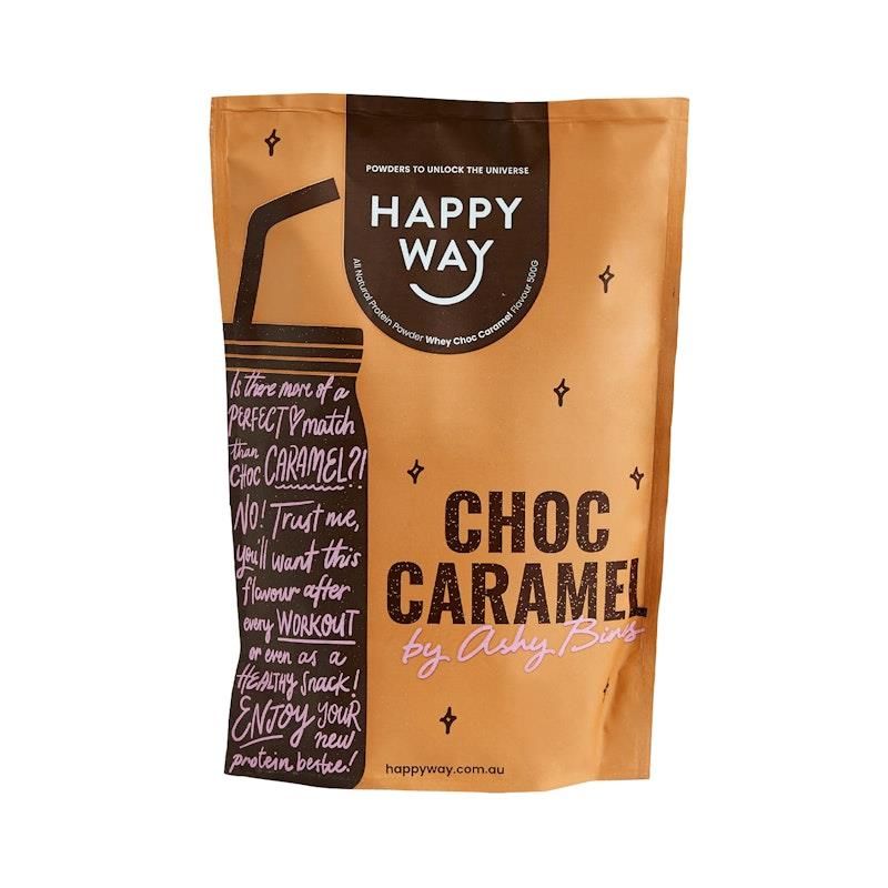 Happy Way Ashy Bines Choc Caramel Whey Protein Powder 500g