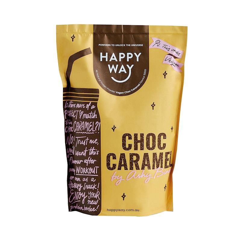Happy Way Ashy Bines Choc Caramel Vegan Protein Powder 500g